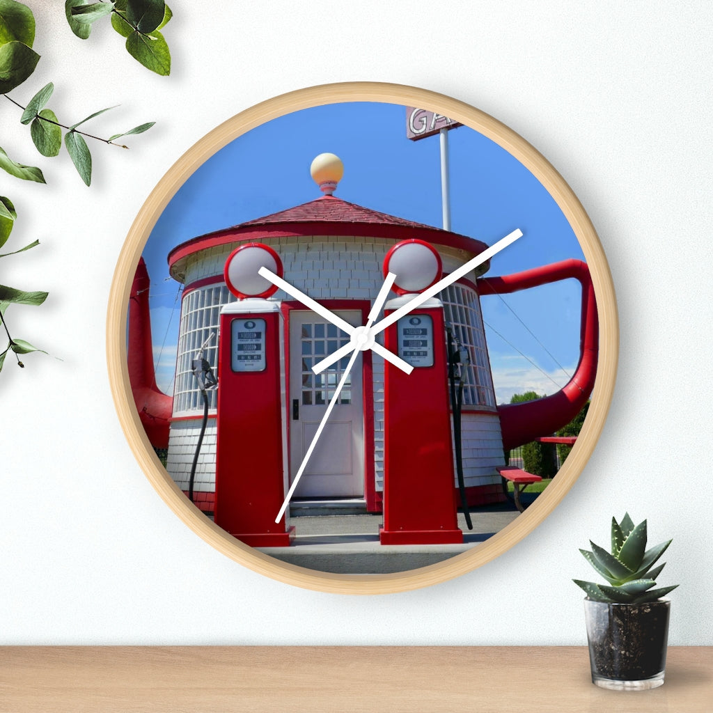 "Awesome Teapot Dome Service Station"- 10" Wooden Frame Wall Clock - Fry1Productions