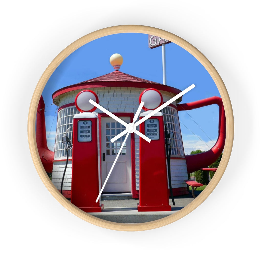 "Awesome Teapot Dome Service Station"- 10" Wooden Frame Wall Clock - Fry1Productions