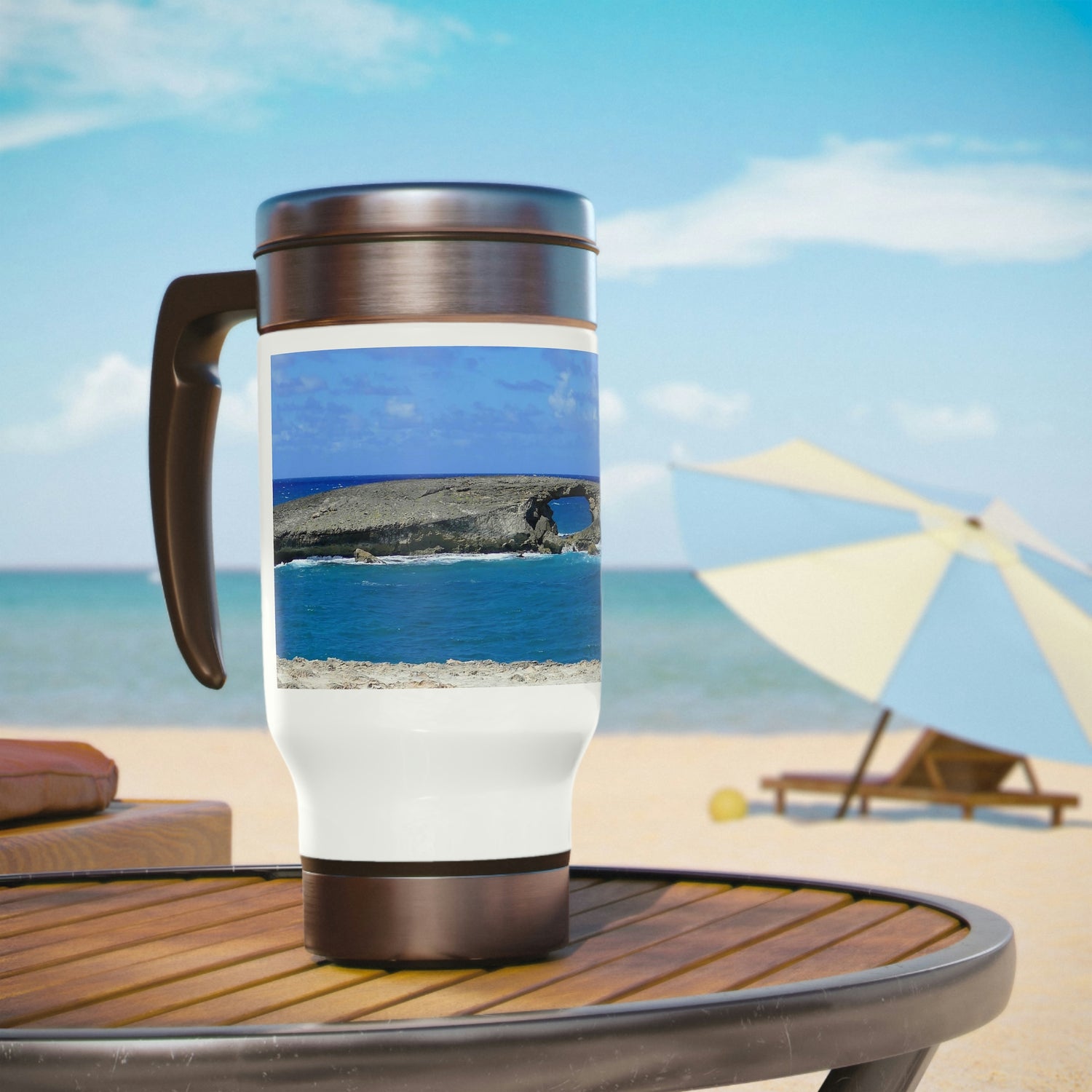 La'ie's Sea Arch Hole - Stainless Steel Travel Mug with Handle, 14oz - Fry1Productions