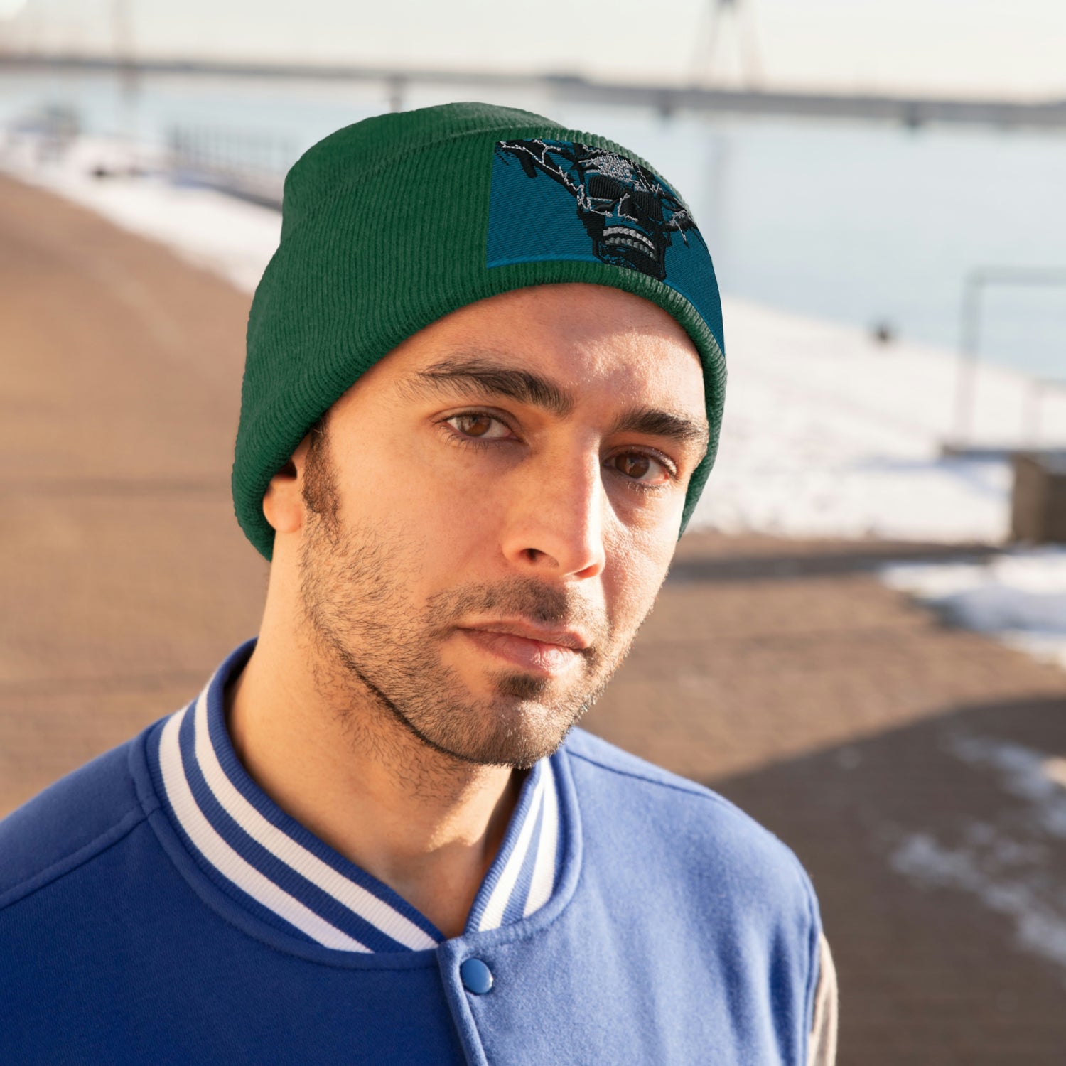 Skull Warrior Stare (color) - Unisex Knit Beanie - Fry1Productions