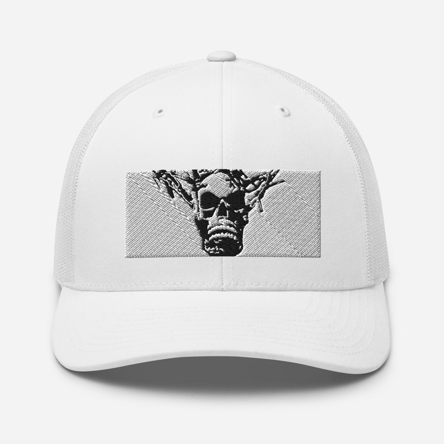 Skull Warrior Stare (Black & White) - Retro Trucker Hat - Fry1Productions